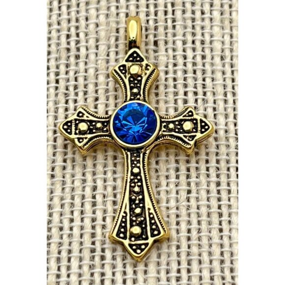 Elegant Gold Tone Cross Pendant with Blue Rhinestone Accent Christian Religious - Picture 5 of 6